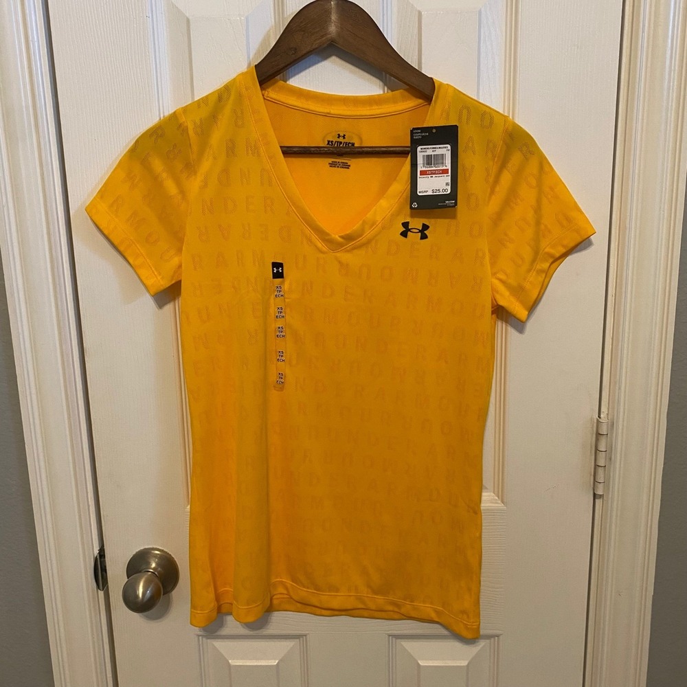 UA Under Armour Women's T Shirt XS NWT Velocity Jacquard V Neck Neon Orange